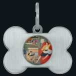Morning Coffee Break Pet Name Tag<br><div class="desc">Artist: Amos Sewell | Mom lounges with coffee as children board bus</div>