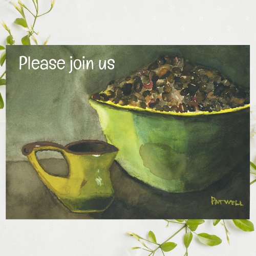 Morning Coffee wBowl of Coffee Beans Watercolor Invitation