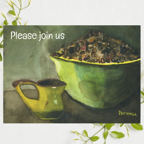 Morning Coffee wBowl of Coffee Beans Watercolor Invitation Postcard