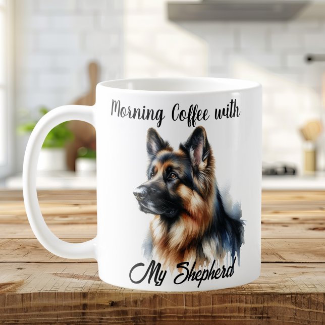 Morning Coffee With My Shepherd Modern Mug (Elegant Watercolor Art, Front View)