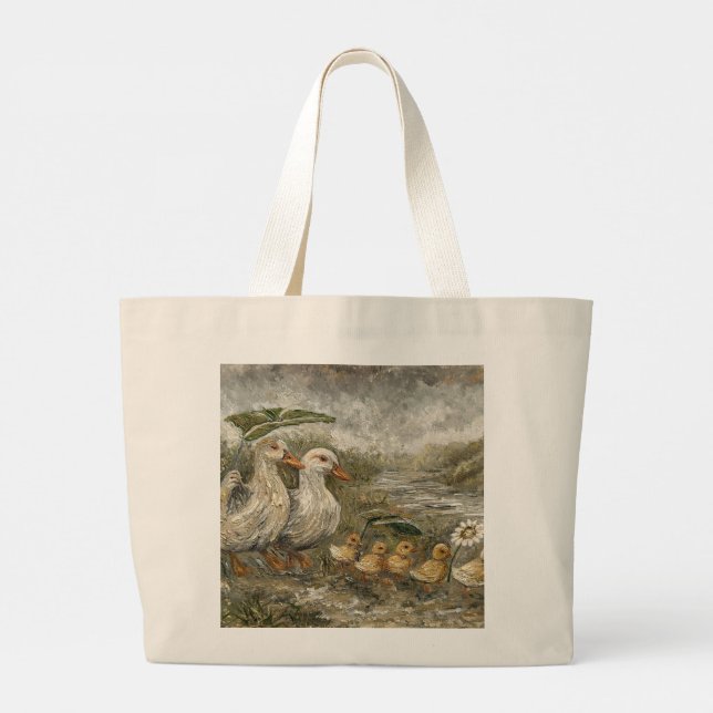 Morning Commute Whimsical Farmhouse Duck Rainy Day Large Tote Bag (Back)