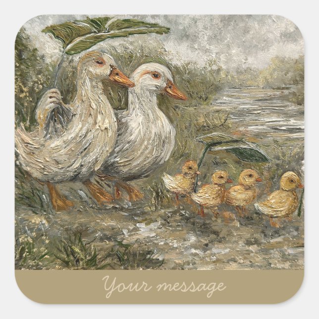 Morning Commute Whimsical Farmhouse Duck Rainy Day Square Sticker (Front)