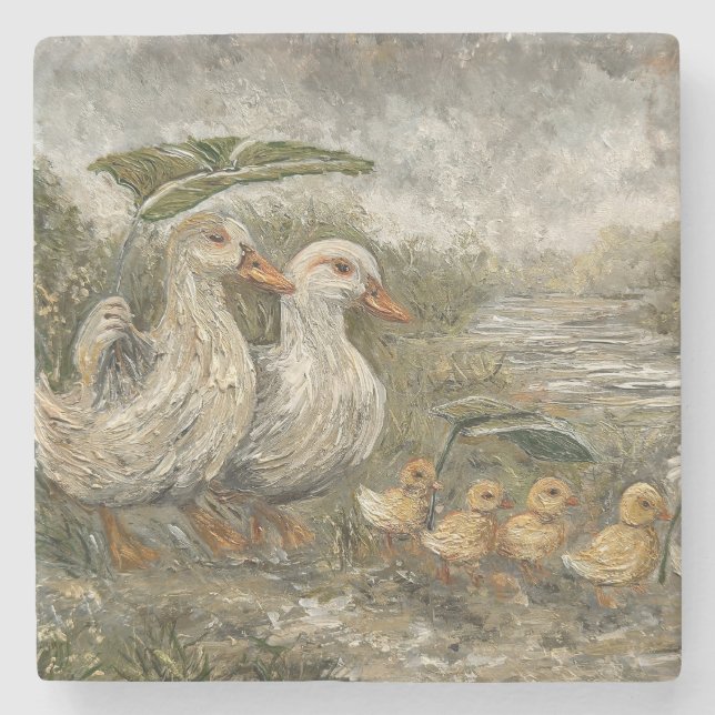 Morning Commute Whimsical Farmhouse Duck Rainy Day Stone Coaster (Front)