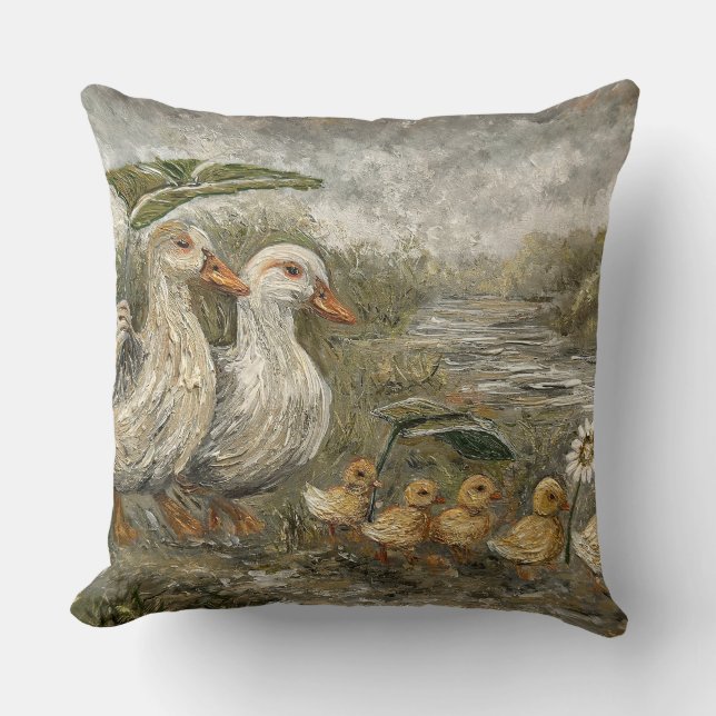 Morning Commute Whimsical Farmhouse Duck Rainy Day Throw Pillow (Front)