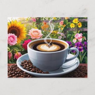 Morning Cup of Coffee and Beautiful Floral Garden Postcard
