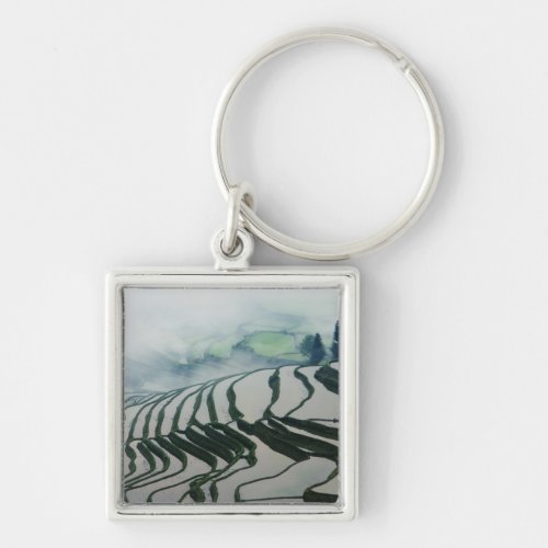 Morning Fog Above Rice Fields Keychain