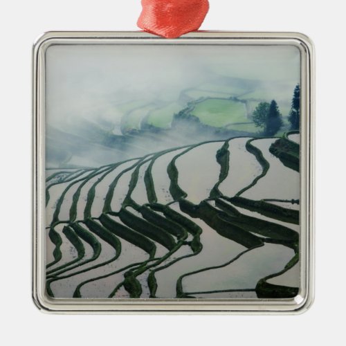 Morning Fog Above Rice Fields Metal Ornament