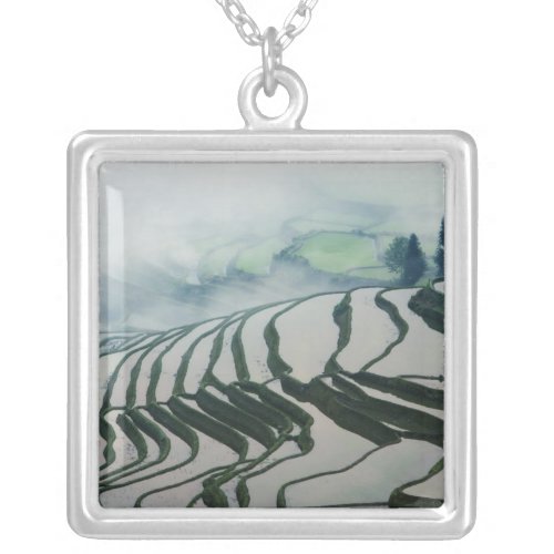 Morning Fog Above Rice Fields Silver Plated Necklace