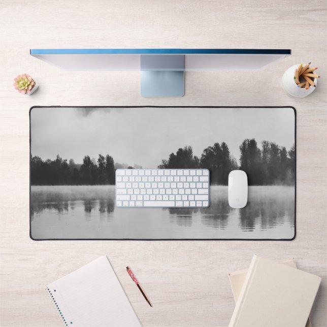 Morning fog above the lake in black and white desk mat (Office 1)