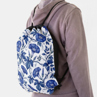 Morning Glories Cobalt Blue White Delft Style Drawstring Bag