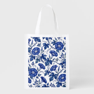 Morning Glories Cobalt Blue White Delft Style Grocery Bag