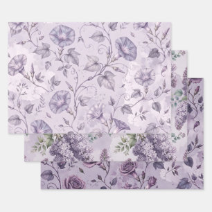 Morning Glories Roses Lilacs Elegant Floral Wrapping Paper Sheets