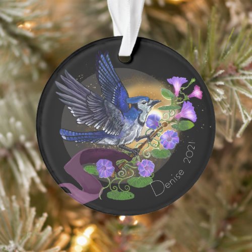 Morning Glory Bluejay Custom Name Ornament