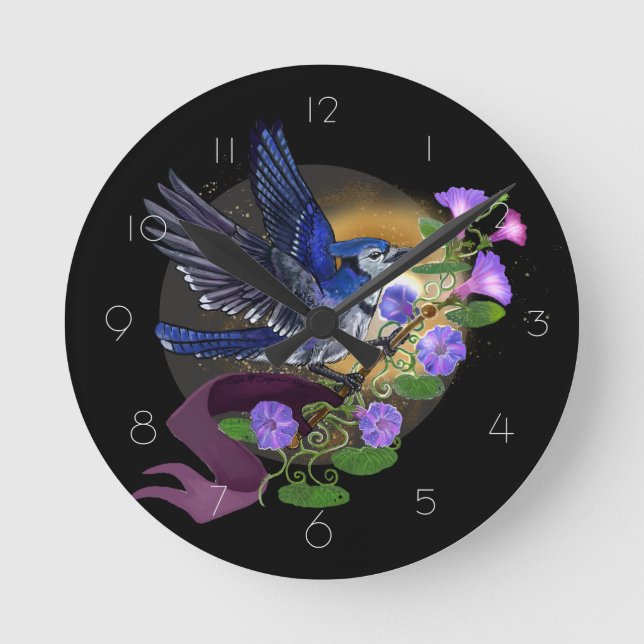 Morning Glory Bluejay Round Clock (Front)