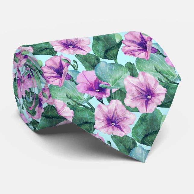 Morning Glory Floral Retro Pattern Neck Tie (Rolled)