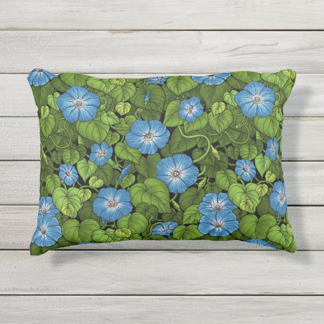 Morning glory in blue and green outdoor pillow (Front)