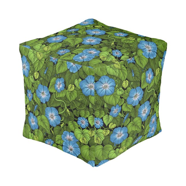 Morning glory in blue and green pouf (Angled Front)