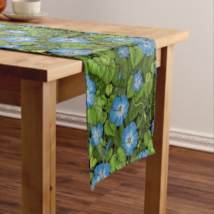 Morning glory in blue and green short table runner