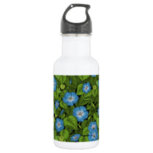 Morning glory in blue and green stainless steel water bottle