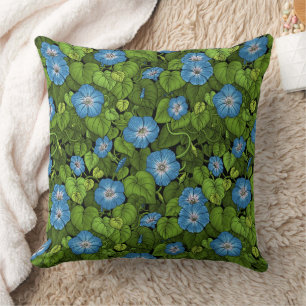 Morning glory in blue and green throw pillow