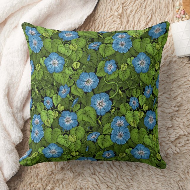 Morning glory in blue and green throw pillow (Blanket)
