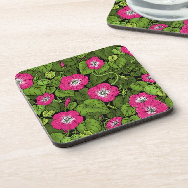 Morning glory in pink and green beverage coaster (Left Side)