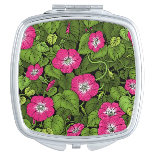 Morning glory in pink and green compact mirror (Front)