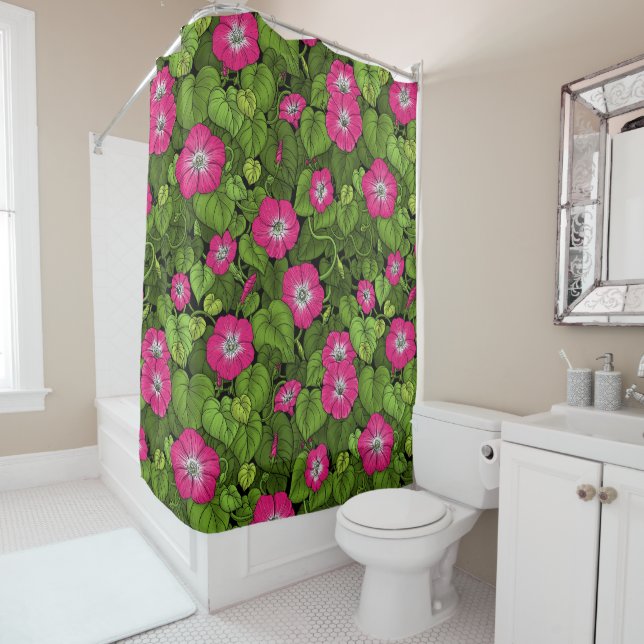 Morning glory in pink and green shower curtain (In Situ)