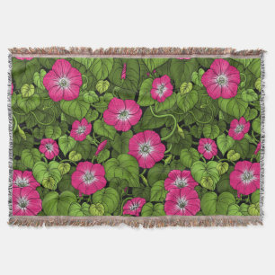 Morning glory in pink and green throw blanket