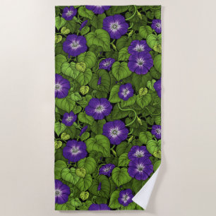 Morning glory in purple and green beach towel