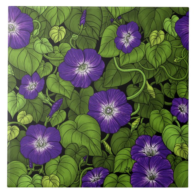 Morning glory in purple and green ceramic tile (Front)