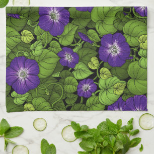 Morning glory in purple and green kitchen towel