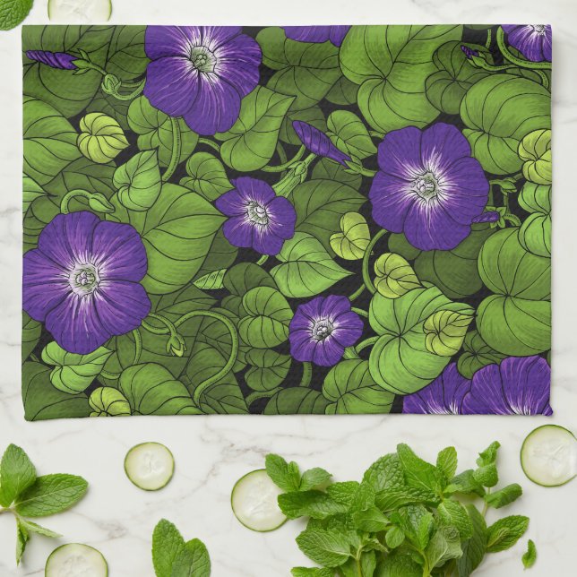 Morning glory in purple and green kitchen towel (Folded)
