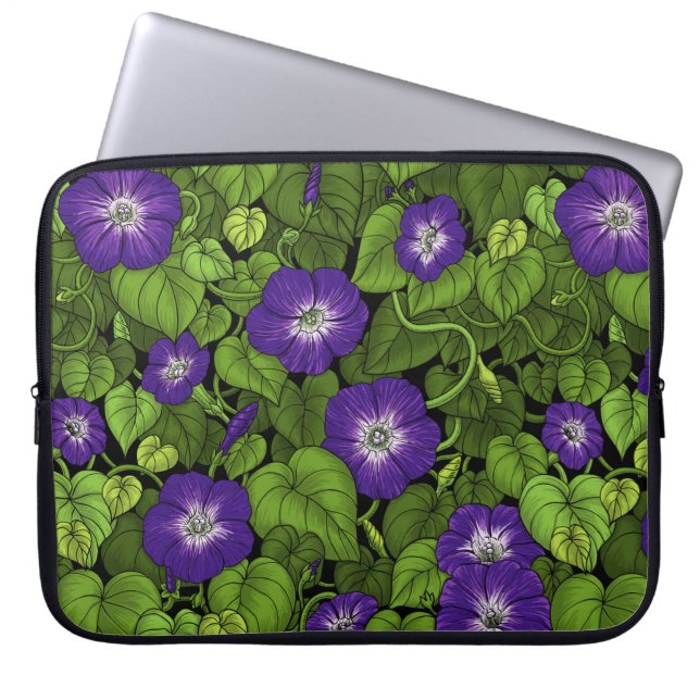 Morning glory in purple and green laptop sleeve (Front)