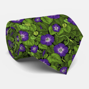 Morning glory in purple and green neck tie