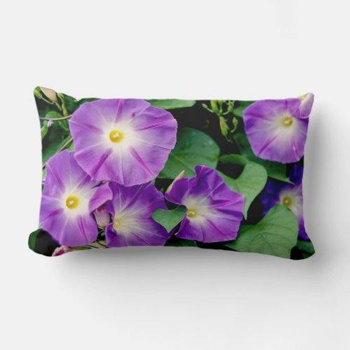 Morning Glory - Purple Flowers Green Leaves Lumbar Pillow