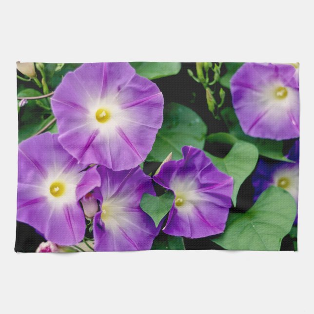 Morning Glory - Purple Flowers Green Leaves Towel (Horizontal)