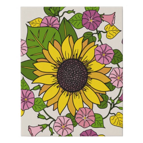Morning Glory Vine and Sunflower Drawing Faux Canvas Print