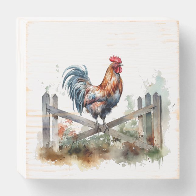 Morning Glory: Watercolor Rooster Wooden Box Sign (Front Horizontal)