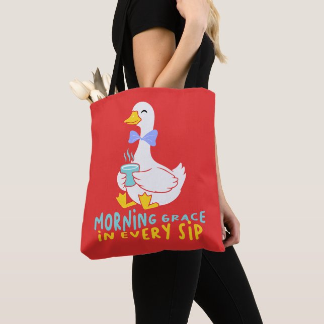 Morning Grace In Every Sip Cute Duck Coffee Tea Tote Bag (Close Up)