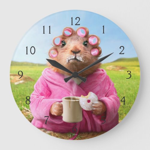 Morning Groundhog with Breakfast Donut and Coffee Large Clock