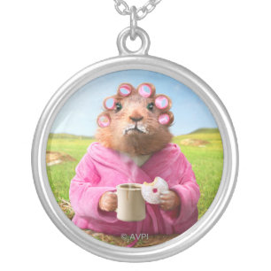 Morning Groundhog with Breakfast Donut and Coffee Silver Plated Necklace