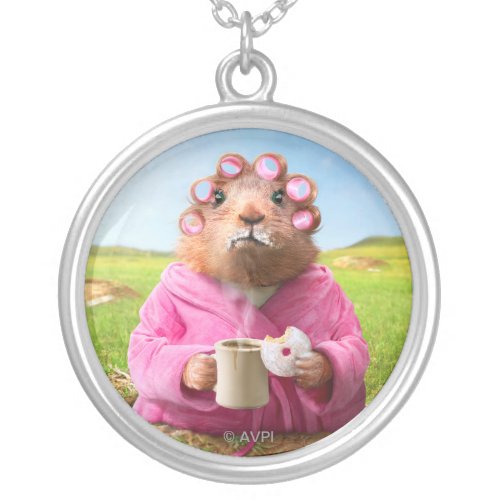 Morning Groundhog with Breakfast Donut and Coffee Silver Plated Necklace