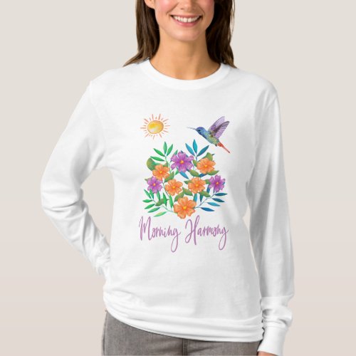 Morning Harmony Garden Flowers and Hummingbird T_Shirt