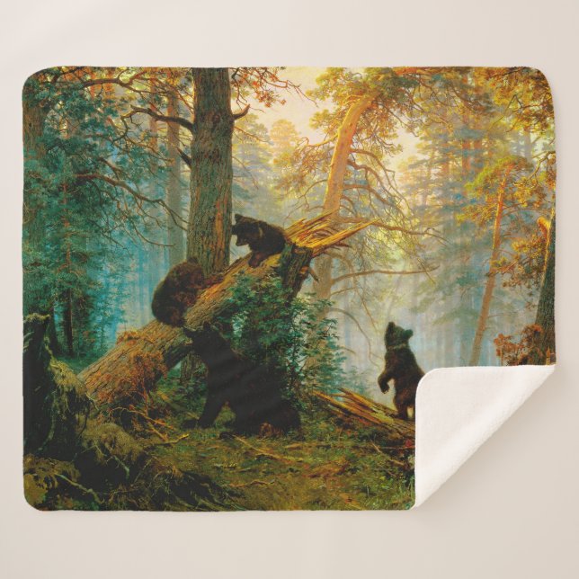 Morning in a Pine Forest Bear with Cubs Shishkin  Sherpa Blanket (Front (Horizontal))