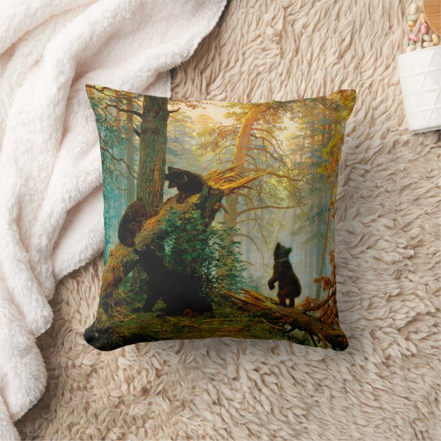 Morning in a Pine Forest Bear with Cubs Shishkin Throw Pillow (Blanket)