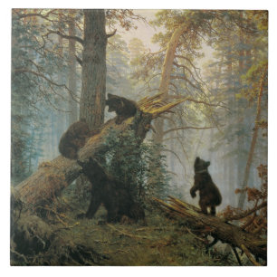 Morning in a Pine Forest (Bears in the Woods) Ceramic Tile