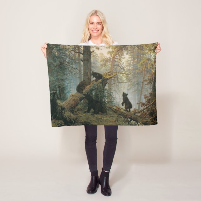 Morning in a Pine Forest (Bears in the Woods) Fleece Blanket (In Situ)