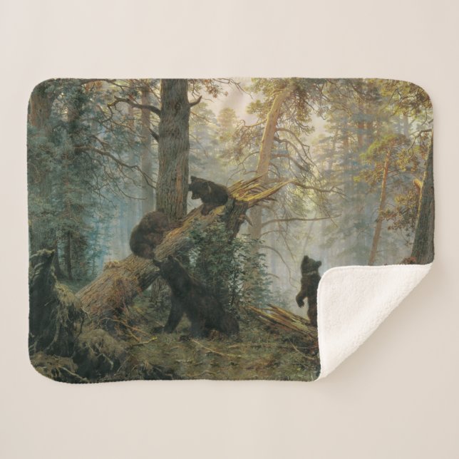Morning in a Pine Forest (Bears in the Woods) Sherpa Blanket (Front (Horizontal))