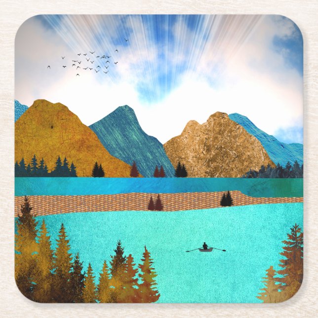Morning Lake Rower Square Paper Coaster (Front)